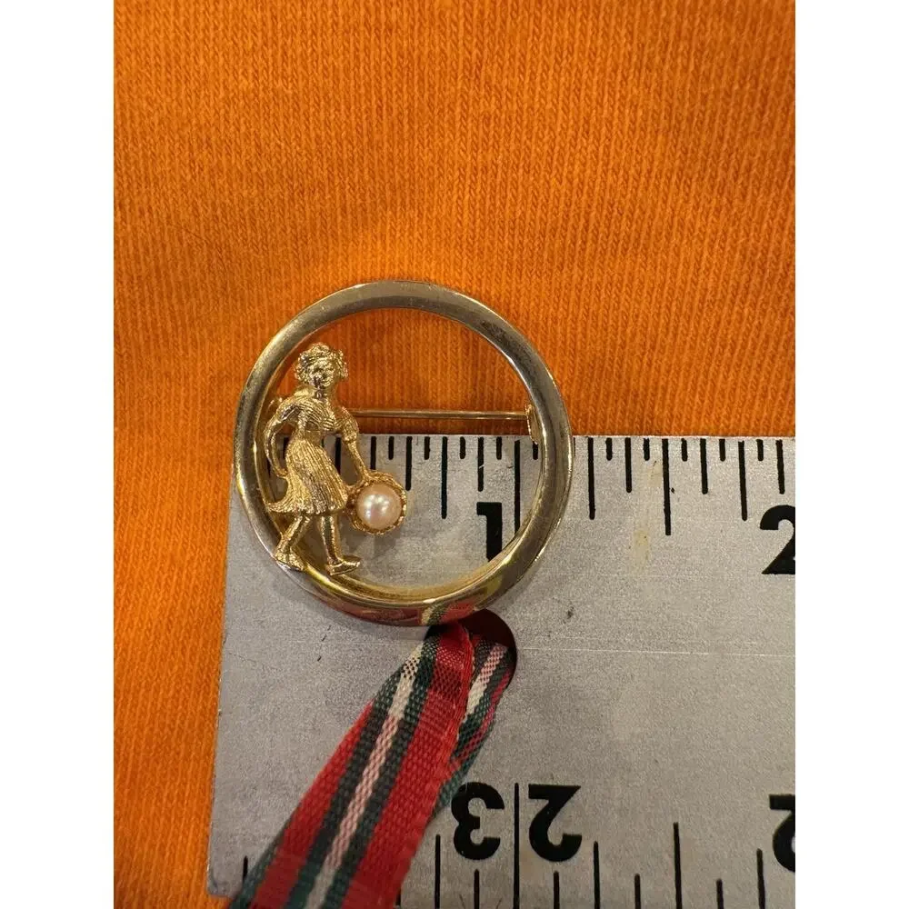 Vintage Bowling Brooch Goldtone Lady Bowler Faux Pearl Geometric Circle MCM